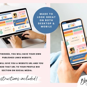 May include: A laptop and a smartphone displaying a website template for a "Teach for the Stars" website. The website template is colorful and features a rainbow, stars, and a teacher. The text "Teach for the Stars" is displayed on both the laptop and smartphone screens. The text "Made to look great on both desktop & mobile" is displayed on the right side of the image. The text "Once finished, you will have your own published links website. Canva will give you a website URL and you can add that URL to your profile bio section on social media. Instructions included!" is displayed below the image.