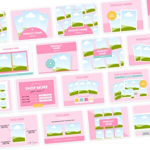 May include: A collection of pink and green social media templates featuring a landscape scene with clouds and hills. The templates include text boxes for titles, product names, and descriptions. The templates are ideal for promoting products or services online.