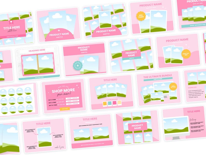 May include: A collection of pink and green social media templates featuring a landscape scene with clouds and hills. The templates include text boxes for titles, product names, and descriptions. The templates are ideal for promoting products or services online.