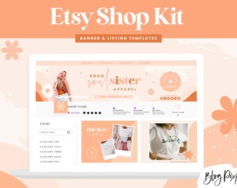 May include: A laptop screen displaying a mockup of an Etsy shop banner and listing templates. The banner features a boho aesthetic with a floral design and the text "boho soul sister apparel". The listing templates include a product image, a title, and a description.