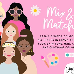 May include: Illustration featuring a group of diverse women with various hairstyles and skin tones against a pink background. The text "Mix & Match" is displayed, along with instructions to customize colors in Canva. A palette and brush are also shown.