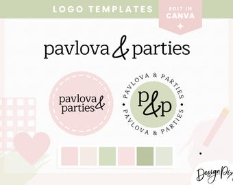 May include: Logo templates for a business called "pavlova & parties". The logo features a pink circle with the business name in black text and a green circle with the initials "P&P" in black text. The text "pavlova & parties" is also displayed in black text at the top of the image. A color palette of pink and green is shown below the logos.