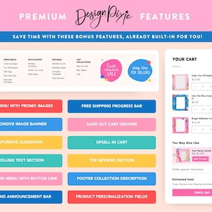K&ouml;nnte beinhalten: Grafikdesign mit dem Text "PREMIUM Design Pixie FEATURES" und "SAVE TIME WITH THESE BONUS FEATURES, ALREADY BUILT-IN FOR YOU!". Das Bild enth&auml;lt einen Warenkorb und Produktmerkmale.