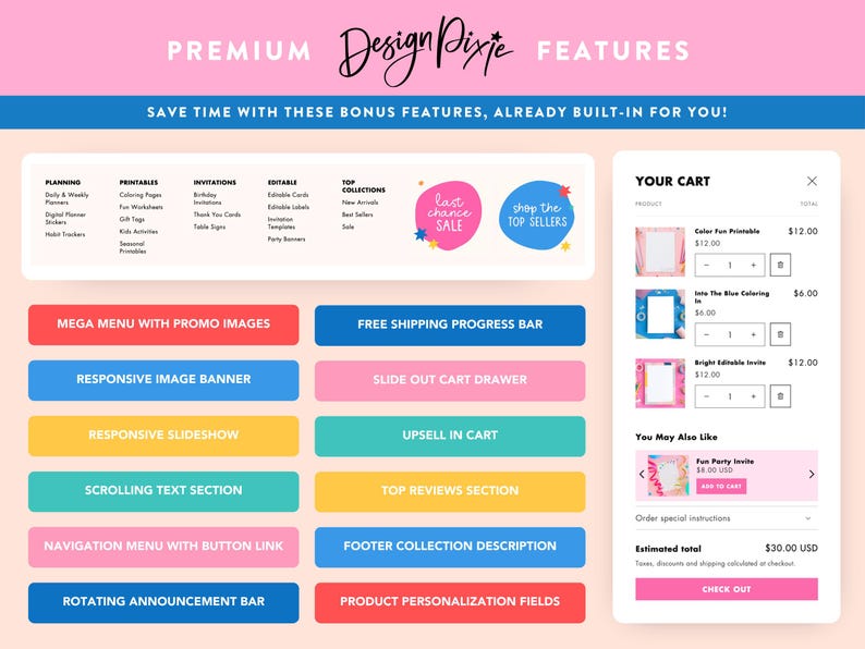 K&ouml;nnte beinhalten: Grafikdesign mit dem Text "PREMIUM Design Pixie FEATURES" und "SAVE TIME WITH THESE BONUS FEATURES, ALREADY BUILT-IN FOR YOU!". Das Bild enth&auml;lt einen Warenkorb und Produktmerkmale.