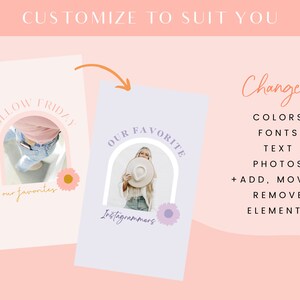 May include: Two Instagram post templates with a pastel pink and purple background. The left template features a photo of a person wearing jeans and a pink shirt, with the text "FOLLOW FRIDAY" and "our favourites". The right template features a photo of a person wearing a white hat and a white shirt, with the text "OUR FAVORITE Instagrammers".