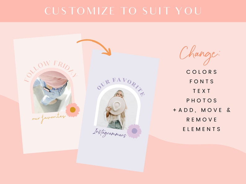 May include: Two Instagram post templates with a pastel pink and purple background. The left template features a photo of a person wearing jeans and a pink shirt, with the text "FOLLOW FRIDAY" and "our favourites". The right template features a photo of a person wearing a white hat and a white shirt, with the text "OUR FAVORITE Instagrammers".
