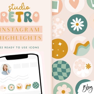 May include: A set of 32 retro-style Instagram highlight icons. The icons feature a variety of designs, including flowers, stars, hearts, and geometric shapes. The icons are in a pastel color palette and have a vintage aesthetic. The text "studio RETRO INSTAGRAM HIGHLIGHTS 32 READY TO USE ICONS" is displayed on the left side of the image.
