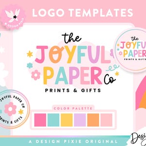 May include: Logo templates for a business called "The Joyful Paper Co."  The logo features a colorful, playful font with the text "The Joyful Paper Co." and the tagline "Prints & Gifts". The color palette includes pink, yellow, blue, and purple.
