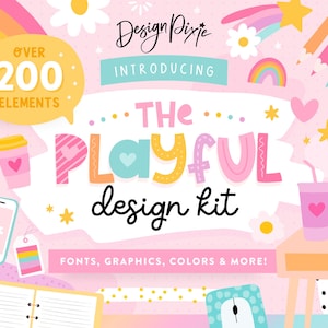 Op de afbeelding: Een grafische afbeelding van een designkit genaamd The Playful Design Kit door Design Pixie. De afbeelding heeft een lichtroze achtergrond met kleurrijke illustraties waaronder een laptop, smartphone, koffiebeker, kaars en notitieboek.