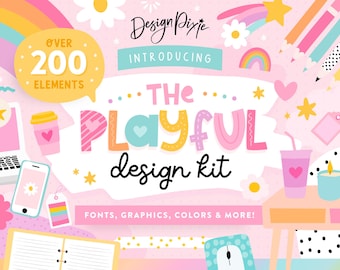 Playful Design Kit - Cute SVG Graphics - Creative Fonts Bundle - Rainbow Clipart Color HEX Palettes - Canva Elements - PF01 Design Pixie