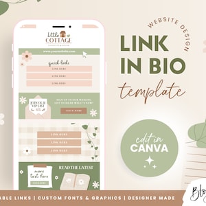 以下が含まれることがあります： リンクインバイオ用のウェブサイトデザインテンプレートを示す、携帯電話の画面のモックアップ。テンプレートは、淡いピンクと緑のカラーパレットで、花柄と市松模様が特徴です。「LINK IN BIO template」というテキストが大きなフォントで表示されています。テンプレートには、クリック可能なリンク、カスタムフォント、グラフィックが含まれています。「edit in CANVA」というテキストが円形で表示されています。