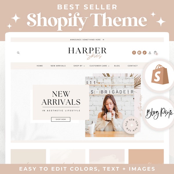 Shopify Theme Template Minimal - Aesthetic Shopify 2.0 - Luxe White Shopify Theme - Skincare Website Design Shopify Banners HS01 Blog Pixie