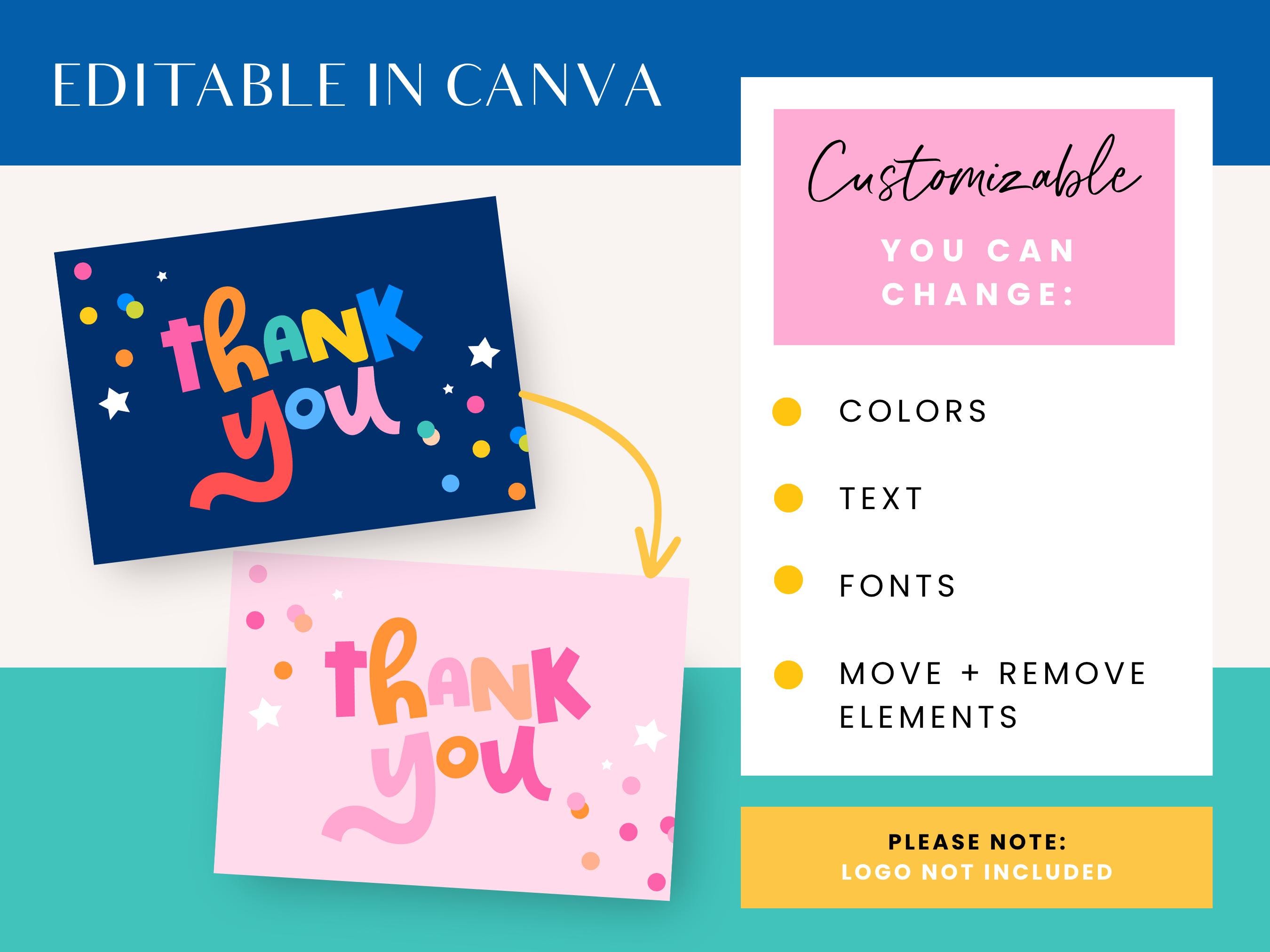 Colorful Thank You Card Template Canva - Bright Editable Insert for ...