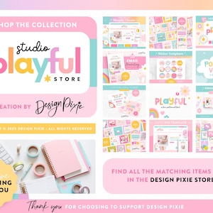 Pode incluir: Uma cole&ccedil;&atilde;o de ativos de marketing digital apresentando o logotipo da Studio Playful Store, a marca Design Pixie e v&aacute;rios modelos para Shopify, e-mail, adesivos e Pinterest. Inclui uma cena de mesa com caderno, canetas e fita adesiva.