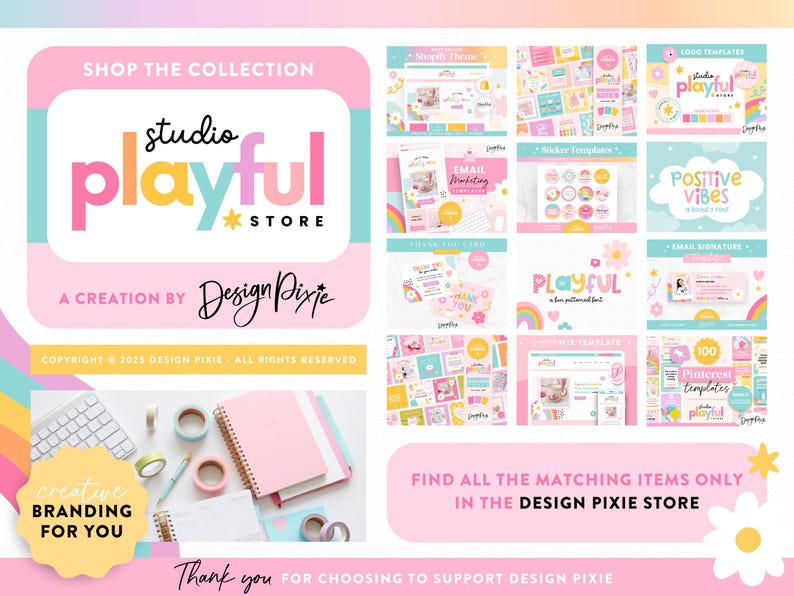 Pode incluir: Uma cole&ccedil;&atilde;o de ativos de marketing digital apresentando o logotipo da Studio Playful Store, a marca Design Pixie e v&aacute;rios modelos para Shopify, e-mail, adesivos e Pinterest. Inclui uma cena de mesa com caderno, canetas e fita adesiva.