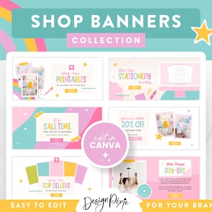 May include: A collection of colorful shop banners with pastel pink, blue, and yellow backgrounds. The banners feature text such as "Shop New Printables", "For the Stationery Lovers", "Sale Time", "Special Offer 20% Off", "Top Sellers", and "For Those DIY-ers". The banners are designed to be edited in Canva and are easy to customize for your brand.