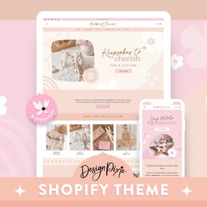 May include: A website design displayed on a tablet and smartphone, showcasing a Shopify theme. The design features a soft pink colour scheme with floral accents and the text "Keepsakes to cherish for a lifetime."