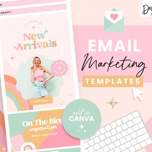 May include: A pink and green email marketing template featuring a woman wearing a pink top and denim skirt. The template includes the text "New Arrivals" and "On The Blog Inspiration". The template is editable in Canva.