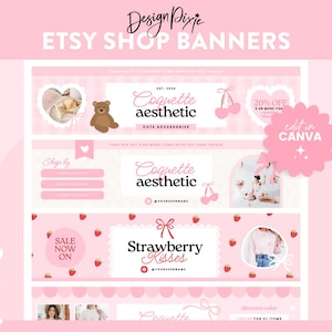 Coquette Aesthetic Etsy Shop Banner Templates - Cute Pink Store Branding - Pretty Bows Cherries - Feminine Shop Design - CQ01 Design Pixie