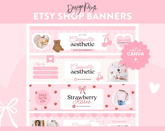 Coquette Aesthetic Etsy Shop Banner Templates - Cute Pink Store Branding - Pretty Bows Cherries - Feminine Shop Design - CQ01 Design Pixie