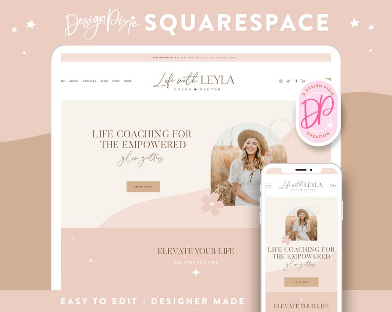 May include: A website mockup for a life coach named Leyla. The website is designed in a light pink and cream color scheme with a floral design. The text on the website reads "Life with Leyla, Coach & Mentor", "Life Coaching for the Empowered Glow Getters", and "Elevate Your Life, One Step at a Time".