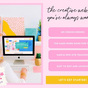 May include: A computer screen displays a website with colorful graphics. The image includes text: "the creative website you've always wanted." Additional text highlights features like "No coding needed" and "Easy to edit and launch!"