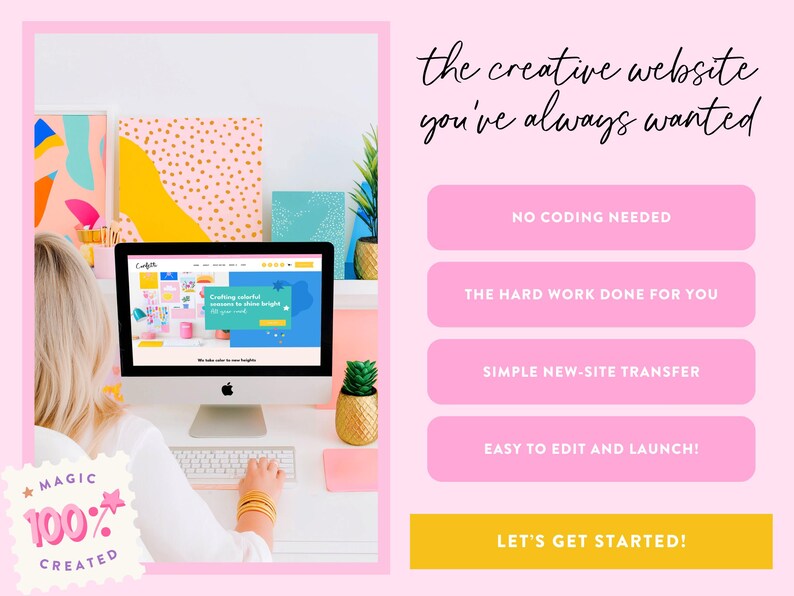 May include: A computer screen displays a website with colorful graphics. The image includes text: "the creative website you've always wanted." Additional text highlights features like "No coding needed" and "Easy to edit and launch!"