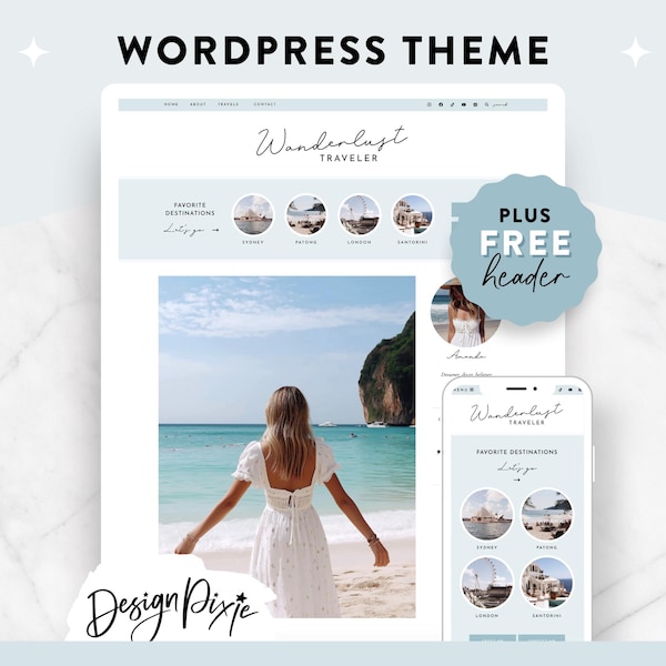 Travel Blog Website Wordpress - Wanderlust WordPress Theme - Kadence Child Theme for Travel Bloggers - Blue Blog Template - Design Pixie