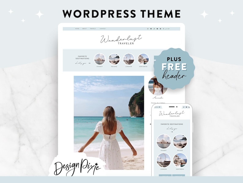 Wanderlust WordPress theme for travel bloggers, Kadence child theme, calming blue travel blog template, responsive blog design, customizable adventure blog layout, lifestyle and travel photography blog, easy setup WordPress theme