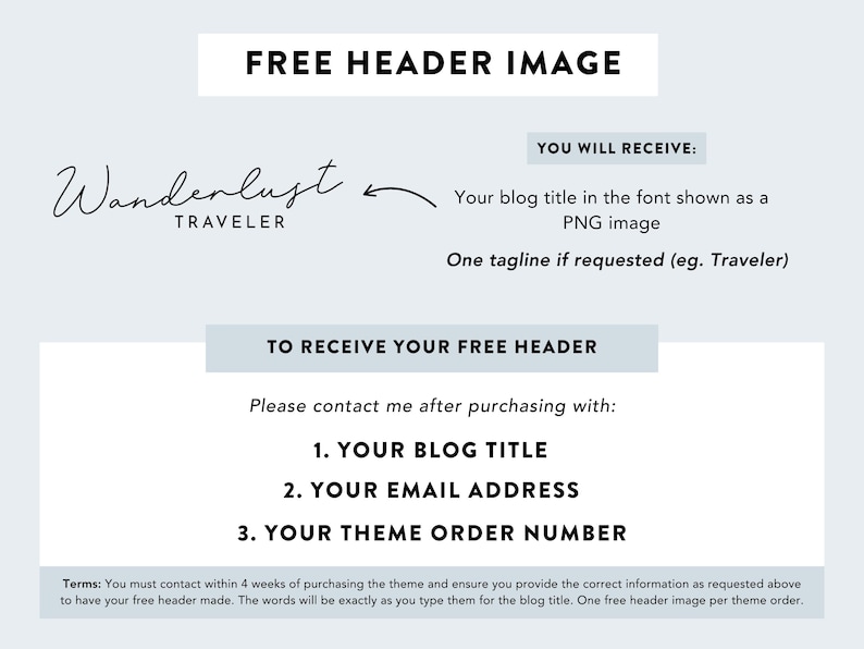 Puede incluir: Gr&aacute;fico digital con el texto "FREE HEADER IMAGE" en la parte superior. Debajo, las palabras "Wanderlust Traveler" se muestran en una fuente de escritura. La imagen proporciona instrucciones sobre c&oacute;mo recibir una imagen de encabezado gratuita.