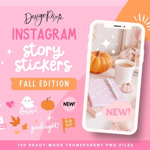 Könnte beinhalten: Rosa Grafik mit Instagram Story-Stickern für den Herbst. Enthält Kürbisse, Geister, Blätter und Text wie "Boo!" und "goodnight!". Ein Telefon zeigt eine Herbstszene. Der Text lautet "100 vorgefertigte transparente PNG-Dateien."