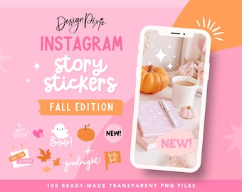 May include: Pink graphic featuring Instagram story stickers for fall. Includes pumpkins, ghosts, leaves, and text like "Boo!" and "goodnight!" A phone displays a fall-themed scene. The text reads "100 Ready-Made Transparent PNG Files."