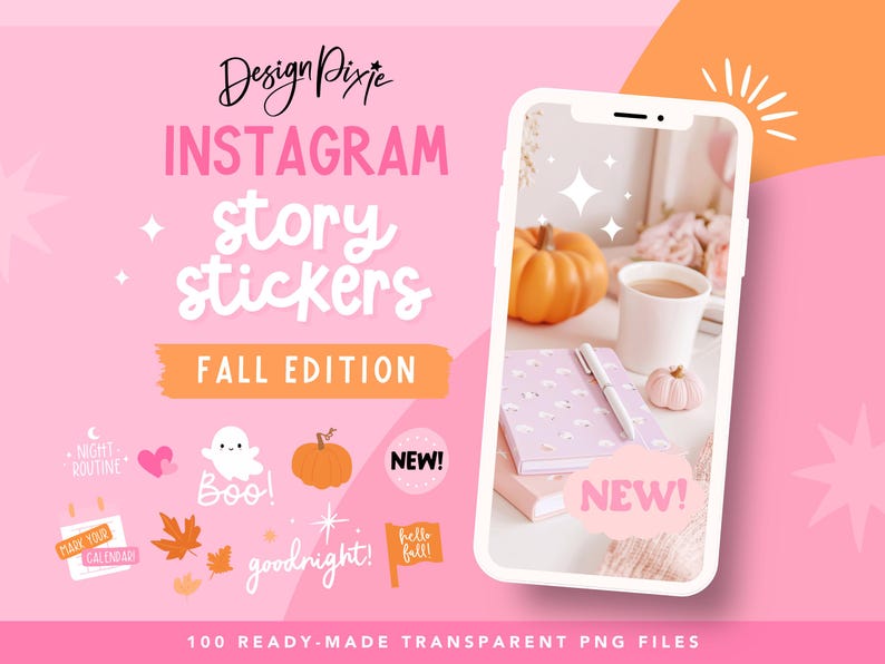 Fall Instagram Story Stickers pack with 100 autumn PNGs including sayings, cute graphics, and call-to-action stickers