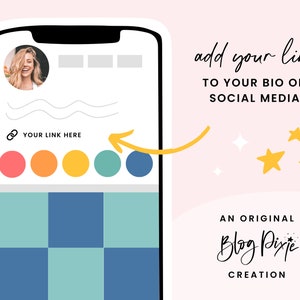 May include: A smartphone screen showing a social media profile with a link in the bio section. The screen shows a link icon, the text "YOUR LINK HERE", and a yellow arrow pointing to the link. The background is pink with yellow stars and white sparkles.