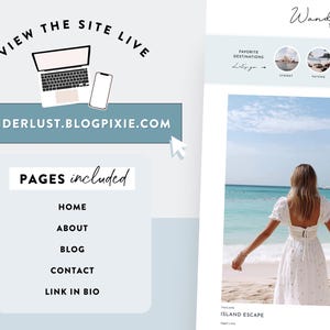 Puede incluir: Dise&ntilde;o web con port&aacute;til, tel&eacute;fono y foto de playa. El texto incluye "View the Site Live", "Wanderlust Traveler" y "Wanderlust.blogpixie.com". Las p&aacute;ginas web son: Inicio, Acerca de, Blog, Contacto y Enlace en la biograf&iacute;a. El dise&ntilde;o tiene un esquema de color azul claro y blanco.