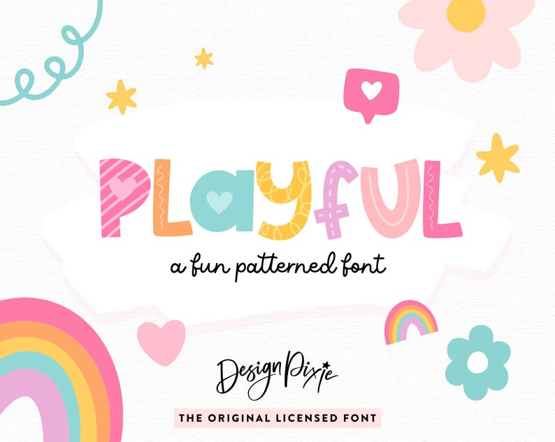 Playful font with patterns. Cute school label font in rainbow colors.
