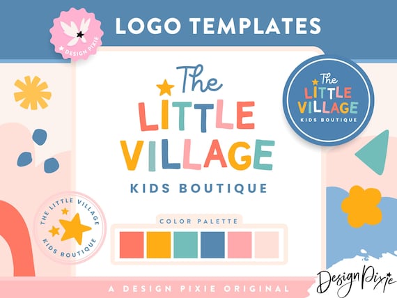 Rainbow Logo Template - Kids Boutique Logo Canva - Little Village Logo Design - Primary Colors - Fun Playful Teacher Logo LV01 Design Pixie