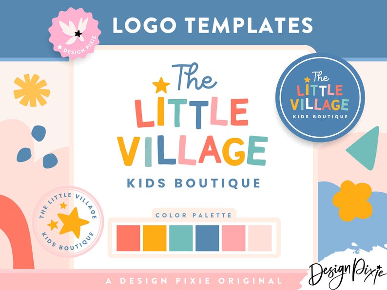 Little Village logo design is a rainbow logo template for kids boutique. A fun teacher logo in a playful design with bright primary colors.