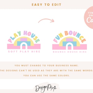 May include: Two colorful logos for a business that rents bounce houses and soft play equipment. The first logo says "Play House" in a rainbow arch with a pink, yellow, and blue play structure. The text below says "Soft Play Hire". The second logo says "Fun Bounce" in a rainbow arch with a pink, yellow, and blue bounce house. The text below says "Bounce House Hire".