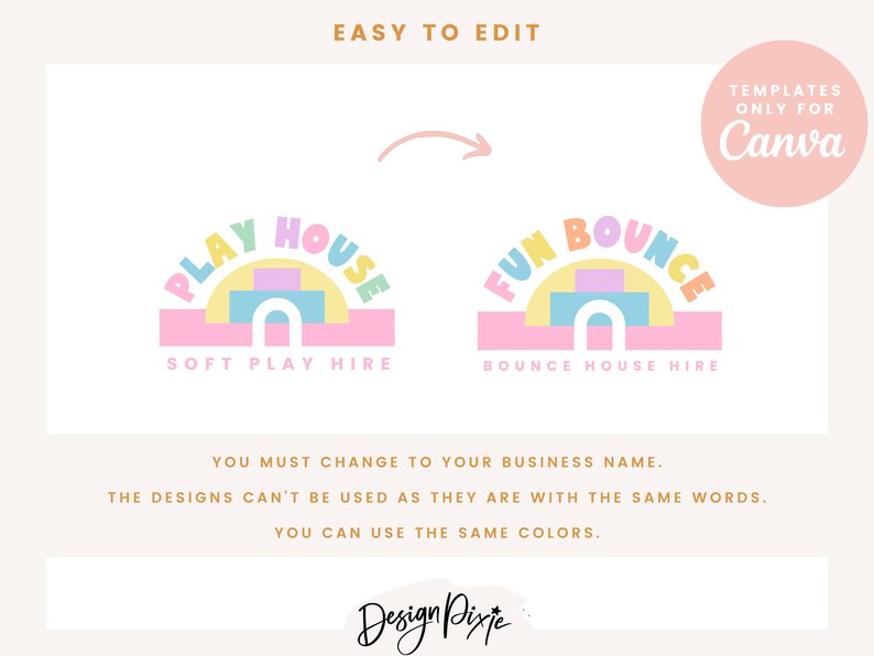 May include: Two colorful logos for a business that rents bounce houses and soft play equipment. The first logo says "Play House" in a rainbow arch with a pink, yellow, and blue play structure. The text below says "Soft Play Hire". The second logo says "Fun Bounce" in a rainbow arch with a pink, yellow, and blue bounce house. The text below says "Bounce House Hire".