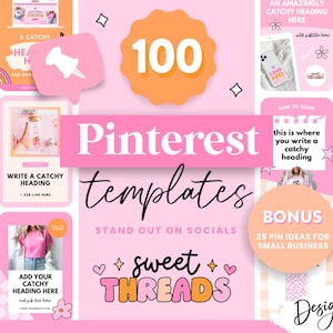 Pode incluir: Um design gráfico rosa e laranja com o texto "100 modelos do Pinterest" e "Destaque-se nas redes sociais" com um design de coração rosa e laranja com o texto "sweet threads".