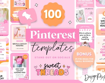 Felroze Pinterest-sjablonen Canva - Pinterest-pins - Bundel ideeënpins - Social media-inhoud - Roze retro-branding - ST01 Design Pixie