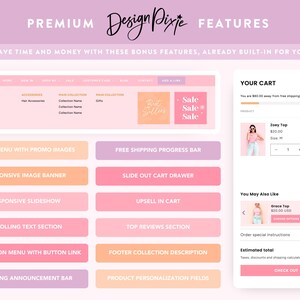 May include: A website design layout in pink and white. It features a shopping cart, menu options, and promotional banners. Text includes "Design Pixie Features" and "Save time and money with these bonus features, already built-in for you!"