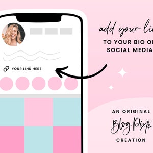 K&ouml;nnte beinhalten: Ein Smartphone-Bildschirm mit einem rosa-blauen Rastermuster, einem Link-Symbol und dem Text "YOUR LINK HERE". Ein Pfeil zeigt auf das Link-Symbol. Der Text "add your link TO YOUR BIO ON SOCIAL MEDIA" befindet sich auf der rechten Seite des Bildes.