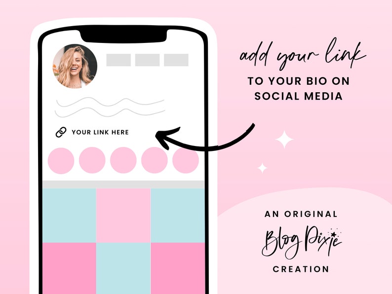 K&ouml;nnte beinhalten: Ein Smartphone-Bildschirm mit einem rosa-blauen Rastermuster, einem Link-Symbol und dem Text "YOUR LINK HERE". Ein Pfeil zeigt auf das Link-Symbol. Der Text "add your link TO YOUR BIO ON SOCIAL MEDIA" befindet sich auf der rechten Seite des Bildes.