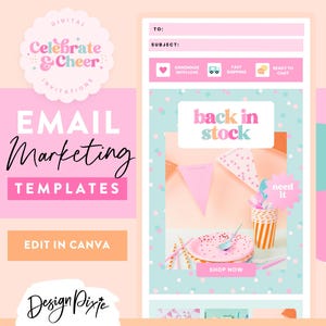 Op de afbeelding: E-mailmarketing sjabloon met een roze en blauwe kleurstelling. De sjabloon bevat een afbeelding van confetti en een banner met de tekst "weer op voorraad". De tekst "Nu kopen" is ook inbegrepen.