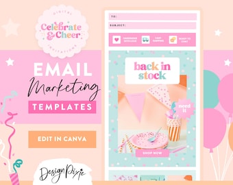 May include: Email marketing template with a pink and blue color scheme. The template features a graphic of confetti and a banner that says "back in stock". The text "Shop Now" is also included.