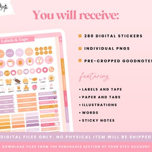 May include: A digital sticker pack featuring 280 labels, tapes, papers, tabs, illustrations, words, and sticky notes in pink, purple, and yellow colors. The stickers are pre-cropped for use in the Goodnotes app.
