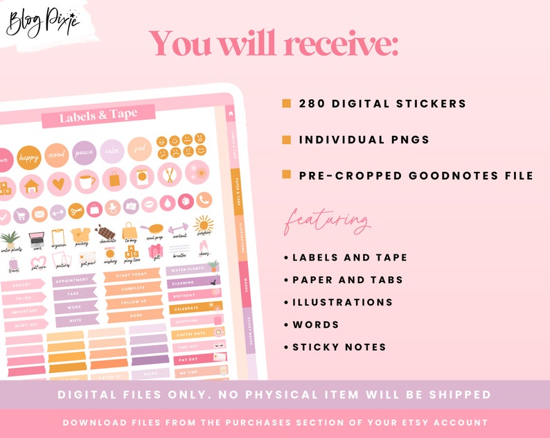 May include: A digital sticker pack featuring 280 labels, tapes, papers, tabs, illustrations, words, and sticky notes in pink, purple, and yellow colors. The stickers are pre-cropped for use in the Goodnotes app.