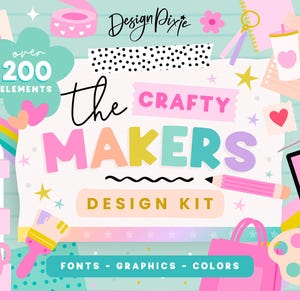 May include: A digital design kit titled The Crafty Makers featuring over 200 elements including illustrations of a laptop, paintbrushes, a palette, a mug, scissors, and hearts in a pastel colour palette with text reading Design Pixie.